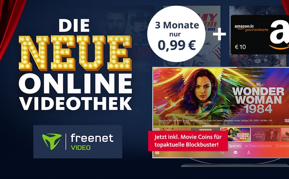 Freenet Video Angebot: 0,99€ für 3 Monate + 10€ Amazon-Gutschein!