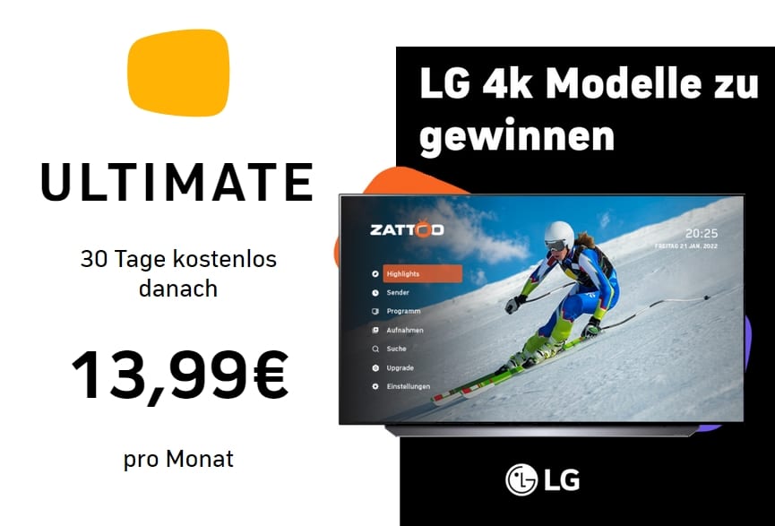 Zattoo Ultimate 30 Tage kostenlos | JETZT: 4K Smart-TV von LG gewinnen!